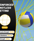 Yellow volleyball net with blue and yellow volleyball, featuring reinforced knotless netting details and material strength labels.