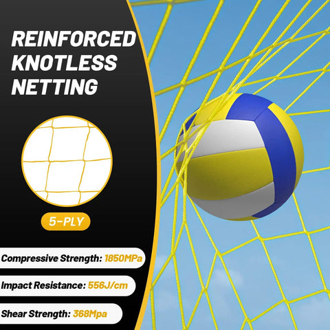 Yellow volleyball net with blue and yellow volleyball, featuring reinforced knotless netting details and material strength labels.