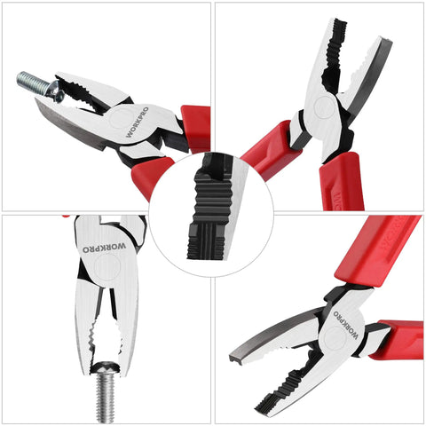 6.5 Inch Screw Extractor Pliers With Non Slip Jaws For Quick Removal Of Damaged Or Rusted Fasteners, Lineman Style Combination Pliers By WorkPro, multiple angles and close-up