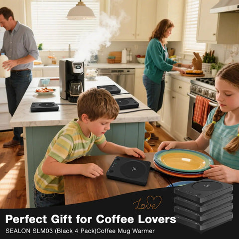 Keep Your Coffee Tea And Cocoa Toasty With This Slick Black Four Pack Electric Cup Heater Boasting Three Custom Heat Levels And A Universal Mug Fit That Slides Right Into Every Office Or Home on kitchen counter with family.