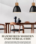 Hammered Pendant Light With Solid Wood And Metal Shade In Black Finish above dining table