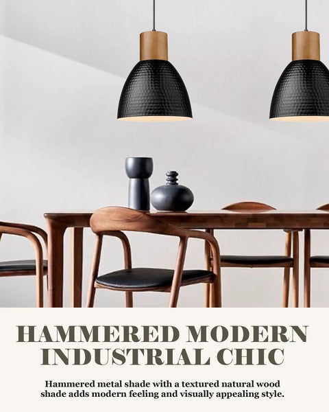 Hammered Pendant Light With Solid Wood And Metal Shade In Black Finish above dining table