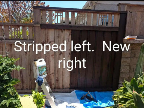 Comparison of stripped versus newly stained wood fence using Dark Walnut Wood Stain For Decks And Fences Penetrating Semi Transparent Finish.