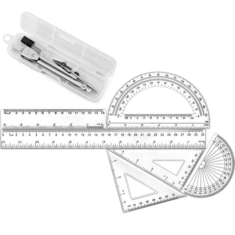 Real Deal 7 Piece Geometry Set With Fine Tip Drawing Compass And 6 Plus 4 Inch Protractors Clear Triangle And Straight Ruler.