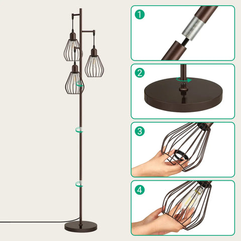 Industrial Tree Floor Lamp With Three Teardrop Cage Heads And 3000K Edison Bulbs, assembly details, rustic brown finish
