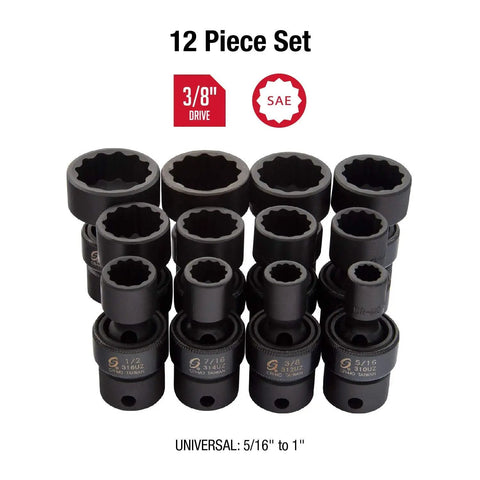 3/8 Inch Drive Universal Impact Socket Set, 12-Point, 12-Piece SAE, 5/16 To 1 Inch, Cr-Mo Alloy Steel, front view layout