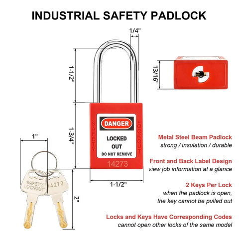 Industrial metal safety padlock with dimensions shown, featuring "Danger Locked Out" label and two brass keys included in the image.