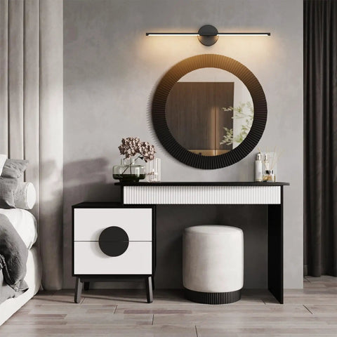 Set Of Two 28 Inch Black Linear Wall Sconce Hardwired 3000K Warm Led Light Fixture 360 Degree Swivel above a modern vanity.
