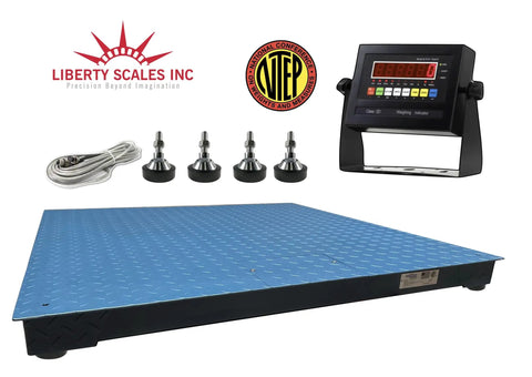 Rock Solid Boss Rig Heavy Duty Digital Floor Scale 24x24 with indicator, leveling feet, and blue steel deck.