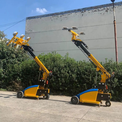 Electric Glass Vacuum Lifter Robot for smooth steel and stone panel handling in bright yellow and black design outdoors.