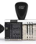 Heavy Duty 12 Phrase Date Rubber Stamp Slick Adjustable Office Stamper Featuring Month Letters With Numerical Day Year Format Built Tough For Everyday Desk Tasks Straightforward Metal Plastic Build Needs Separate Ink Pad showing dial and phrases.
