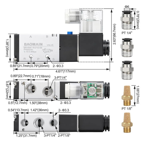 Diagram showing dimensions of 4V210-08 Pneumatic Solenoid Valve Kit 110V AC 5 Way 2 Position with fittings and mufflers for 6 mm tube.