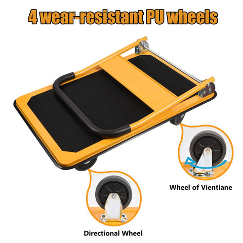 Heavy Duty Foldable Platform Truck With 880 Lb Capacity For Large Loads shown folded with 4 PU wheels in yellow.