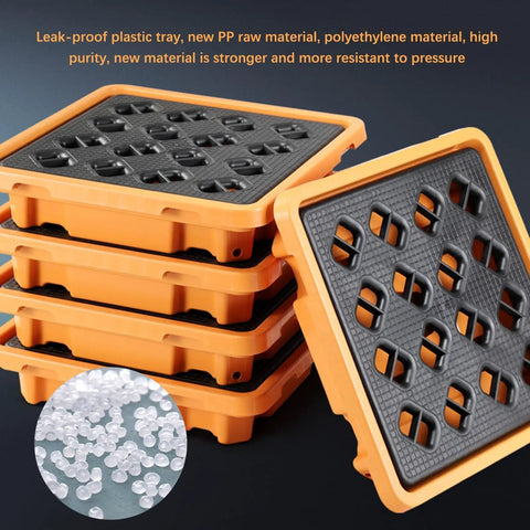 Heavy Duty Spill Proof Oil Tank Containment Tray Set For Warehouses And Shops, stack of four orange trays with black tops