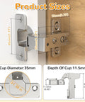 Four Pack Face Frame Inset Cabinet Hinges Offering Buttery Smooth Slow Close Action Alongside Heavy Duty Three Dimensional Sliding Plates For Seamless Flush Door Alignment, showing product sizes and measurements.