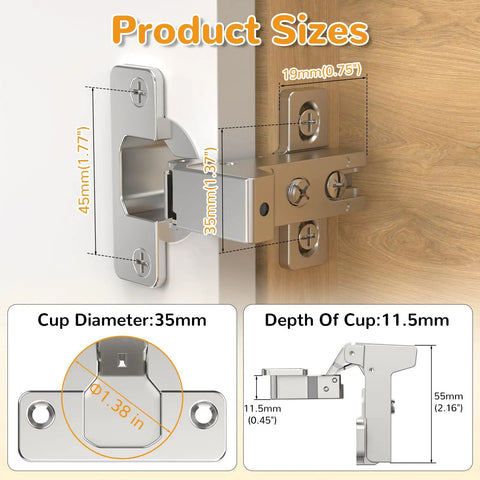 Four Pack Face Frame Inset Cabinet Hinges Offering Buttery Smooth Slow Close Action Alongside Heavy Duty Three Dimensional Sliding Plates For Seamless Flush Door Alignment, showing product sizes and measurements.
