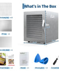 A Heck Of A Food Dehydrator Featuring Twelve Heavy Duty Stainless Steel Trays With Precise Eighty Five To One Seventy Degree Fahrenheit Temp Control For Making Juicy Beef Jerky Garden Veggies And Healthier Snacks showing components included in the box.