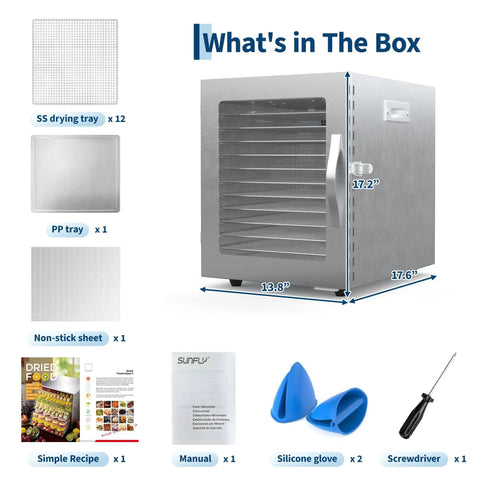 A Heck Of A Food Dehydrator Featuring Twelve Heavy Duty Stainless Steel Trays With Precise Eighty Five To One Seventy Degree Fahrenheit Temp Control For Making Juicy Beef Jerky Garden Veggies And Healthier Snacks showing components included in the box.