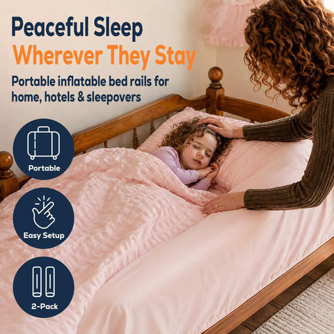 Child sleeping with On-The-Go Toddler Bed Rails Two-Pack Inflatable Bumpers For Travel And Sleepovers, adult comforting the child