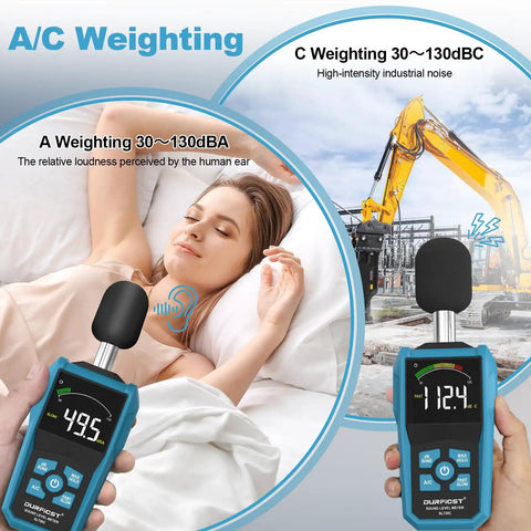 Everyday Boss Sound Level Meter For Home And Work, Ultra Accurate 30 To 130dB Decibel Reader With 0.1dB Resolution, High Precision Sensor, 31.5Hz To 8kHz Microphone, Fast Readouts And Clear Data For Noise Checks. Handheld meter showing A/C weighting for home and industrial noise
