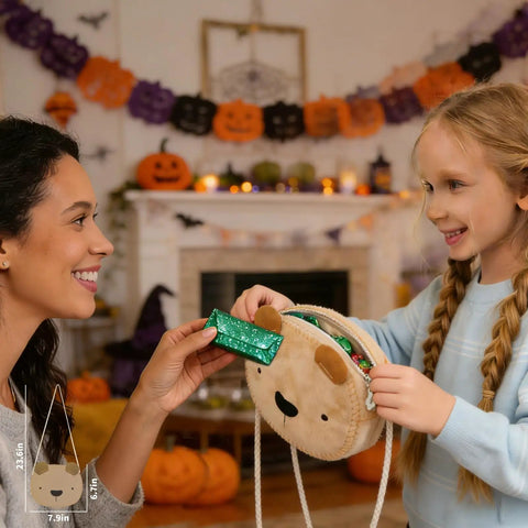 Child using Little Bear DIY Sewing Kit For Beginners Arts And Crafts Plush Crossbody Bag with mother in Halloween setting