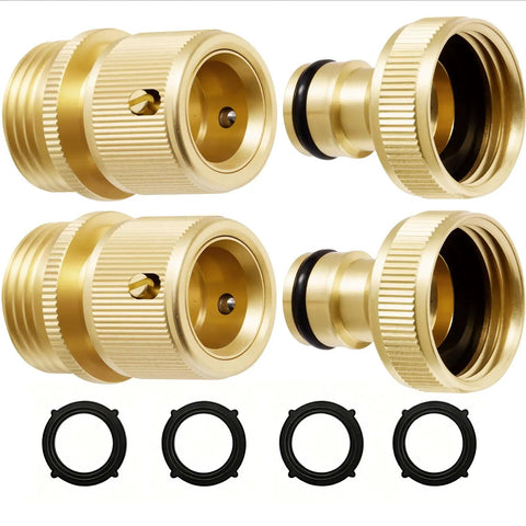Heavy Duty Brass Garden Hose Quick Connectors Three Quarter Inch GHT Universal Leak Proof Fittings, 2 Male 2 Female Connectors, 4 Washers