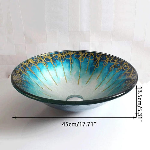 USZWBY Gradient Color Artistic Vessel Sink Bowl-Shaped Tempered Glass Above Counter Bathroom Washing Basin Combo with Waterfall Faucet, Modern Lavatory Bowl, 17.71", Gold showing blue and gold gradient design.