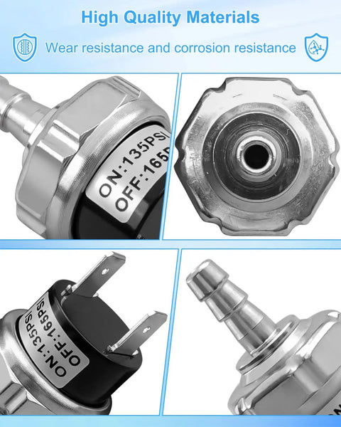 Replacement Air Compressor Pressure Switch For Husky C331H 30 Gallon Units, 135 PSI On, 165 PSI Off, 120V, metal, connectors visible
