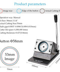 Button Maker Punch Die Cutter For Two And A Quarter Inch Badges 58mm with heavy-duty metal base and sharp blade, side view with dimensions