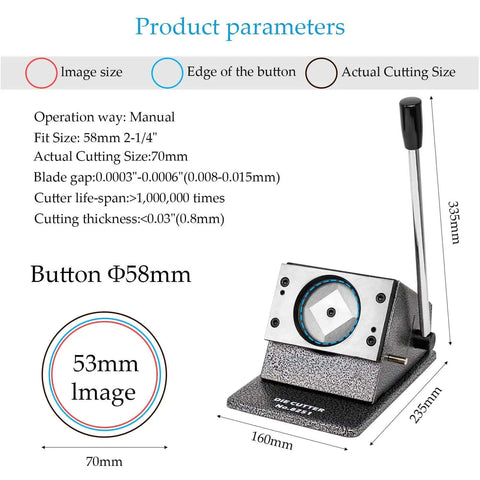 Button Maker Punch Die Cutter For Two And A Quarter Inch Badges 58mm with heavy-duty metal base and sharp blade, side view with dimensions