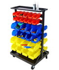 6-Tier Dual-Sided Rolling Bin Rack with heavy duty steel construction and casters, loaded with colorful storage bins.