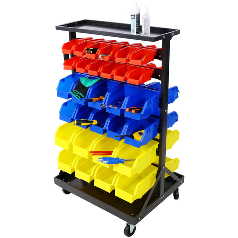 Heavy Duty Six Tier Dual Sided Rolling Bin Rack With Locking Caster Wheels And Sixty Plastic Parts Containers Plus Top Shelf For Garage Office Storage Flex