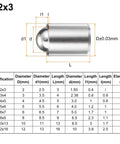 Top Shelf Heavy Duty Stainless Steel Ball Plungers 10 Pack 2Mm X 3Mm 8N Force Positioning Pins detailed dimensions diagram.