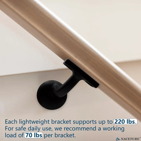 Heavy Duty Handrail Brackets For Stairs 3 Inch Black Metal Wall Mount supports 220 lbs load, secured to stair railing.