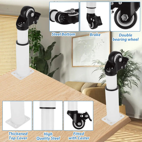 Set Of 4 Metal Adjustable Furniture Legs With Wheels Casters White Height 7.3-10.2 Inches Heavy Duty 440Lbs Capacity Includes 16 Screws Brakes For Tables Cabinets Sofas Beds displayed on a wooden surface.