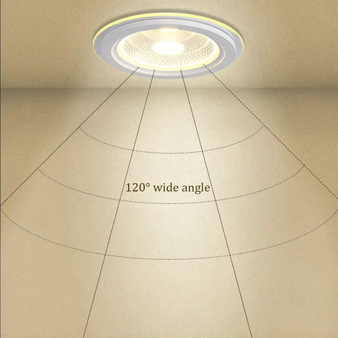 VOGHMOLD 12W LED Recessed Ceiling Light Glass Panel Downlight 6 inch, showing 120° wide angle illumination on textured ceiling.