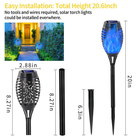 Dimensions and components of Blue Solar Torch Lights Set, 8 Pack Outdoor LED Tiki Torches With Realistic Flickering Flame, 12 LEDs.