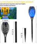 Blue Solar Torch Lights With Flickering Flames, 12 Pack Outdoor LED Tiki Torches For Yard And Garden with installation dimensions shown