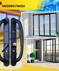 Sliding Glass Patio Door Offset Pull Handle Set With Keys Replacement For 3 15/16 Inch Hole Spacing And 1 1/4 To 2 1/4 Inch Door Thickness, 10 Inch Escutcheon Plate, Four Hole Patterns, Black Finish installed on patio doors