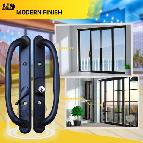 Sliding Glass Patio Door Offset Pull Handle Set With Keys Replacement For 3 15/16 Inch Hole Spacing And 1 1/4 To 2 1/4 Inch Door Thickness, 10 Inch Escutcheon Plate, Four Hole Patterns, Black Finish installed on patio doors