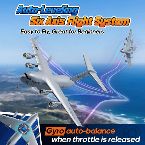 Ready to Fly RC C-17 Globemaster III Plane With 6 Axis Gyro Stabilizer, showcasing auto-leveling flight system over landscape.