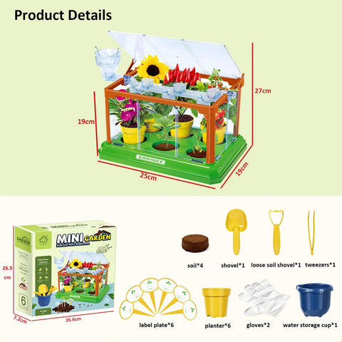 Awesome Kids Gardening Kit With Greenhouse And Terrarium, Plant Growing Set, kit components and measurements shown