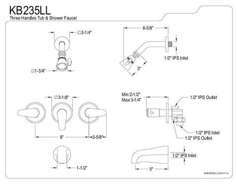 Technical drawing of Tub And Shower Faucet With 3 Legacy Lever Handle In Oil Rubbed Bronze, Solid Brass Construction For Durability