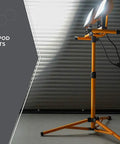 Dual Head LED Work Light On Steel Tripod, 6000 Lumens, 72W, 4000K Neutral White, shown with adjustable tripod and 5 ft cord