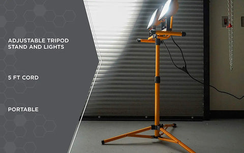 Dual Head LED Work Light On Steel Tripod, 6000 Lumens, 72W, 4000K Neutral White, shown with adjustable tripod and 5 ft cord