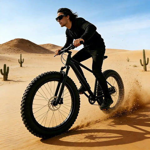 Rider on sandy desert trail using Fat Bike Wheel Set 20 24 26 Inches 4.0 Fat Tires Front Snow Beach Wheel Kit with 135mm Disc Bolt On.
