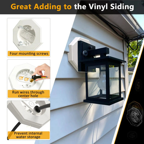 DIY Friendly Siding Mounting Block Kit With Built-In Electrical Box For One Half Inch Lap Siding, white textured plastic light block on vinyl siding