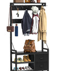 Five In One Entryway Hall Tree With Bench And Coat Rack Freestanding Black Space Saving Shoe Organizer holding coats and bags