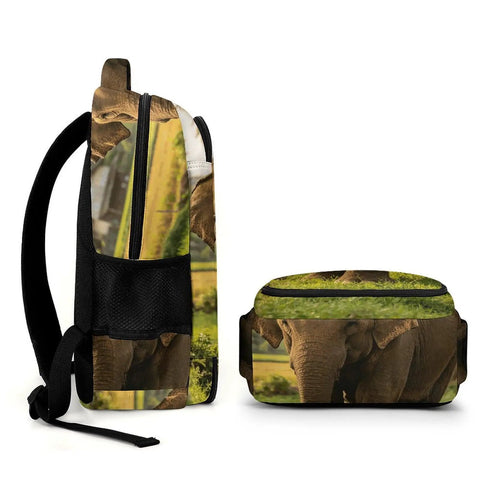 Side view of Elephant Printed Unisex Backpack with Large Capacity, Durable Polyester All Day Everyday Carry Bag design in focus