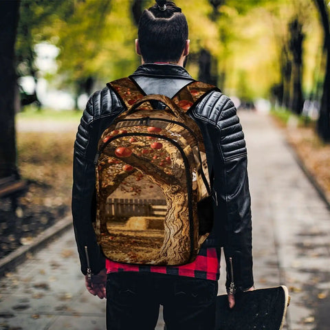 Person wearing an Autumn Apple Orchard Printed Unisex Backpack With Large Capacity on a wooded path.